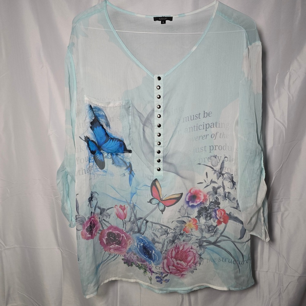 Floryday Women Blue Butterfly Floral Chiffon Tunic Blouse 3/4 Roll Tab Sleeve S